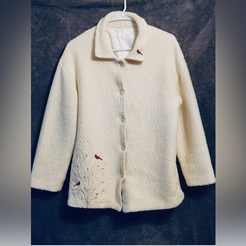 Cozy Cream Teddy Jacket with Red Accents - Picture 2 of 12